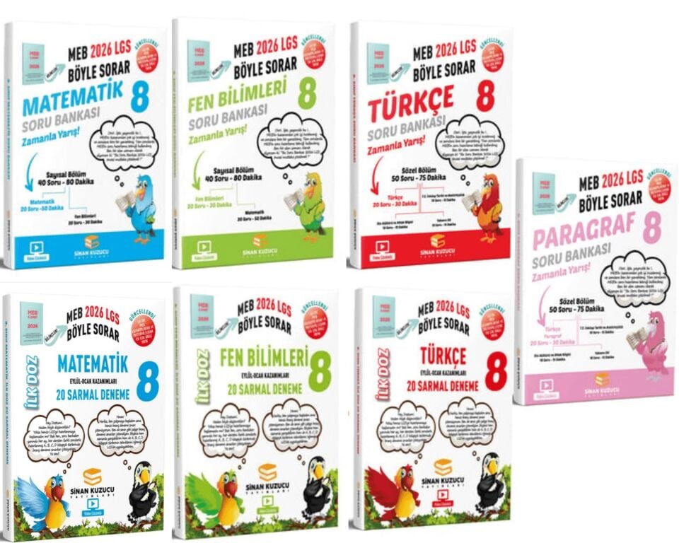 Sinan Kuzucu Yayınları - 8. Sınıf 2026 LGS Matematik Türkçe Fen Paragraf Soru Bankası ve 4'lü Deneme Seti