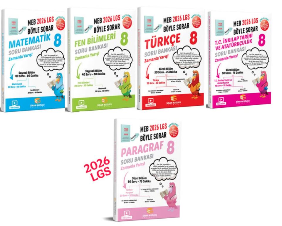 Sinan Kuzucu Yayınları - 8. Sınıf 2026 LGS Matematik Fen Türkçe İnkılap Paragraf Soru Bankası Seti